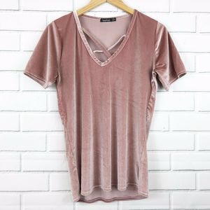 Boohoo Velvet Blush Pink Top 4 Cross V-neck